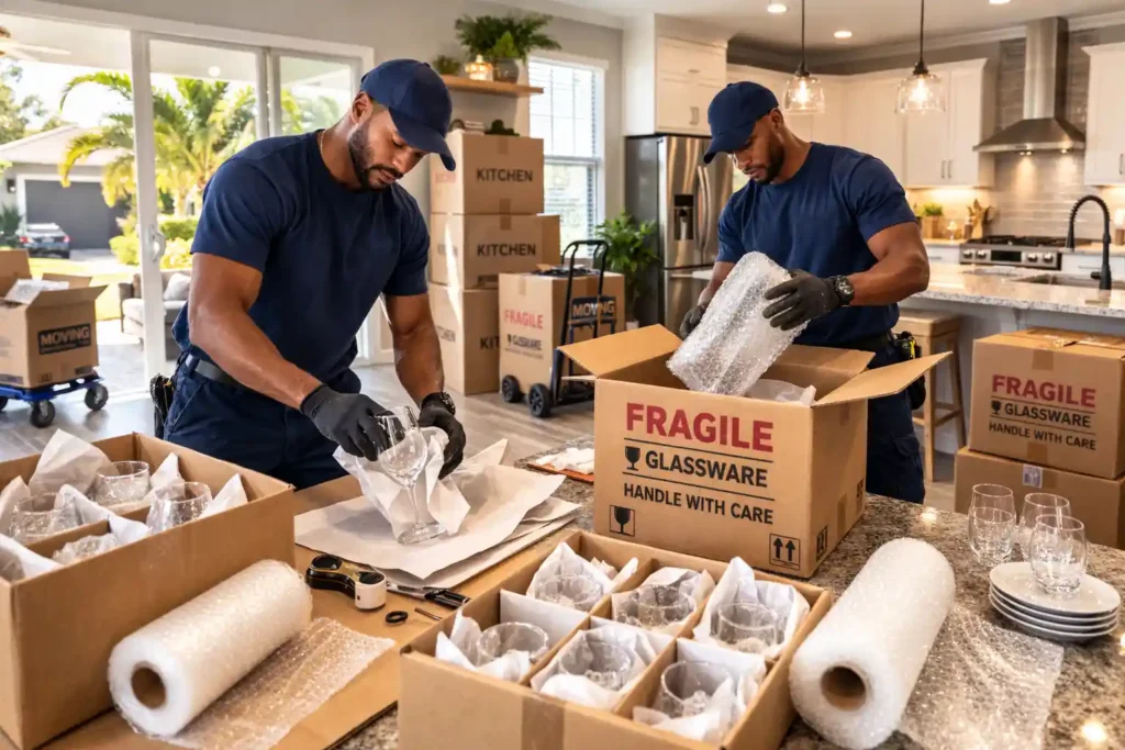 Professional movers carefully wrapping fragile kitchen glassware with bubble wrap inside a bright Orlando home, surrounded by labeled moving boxes and packing supplies Rev. 001