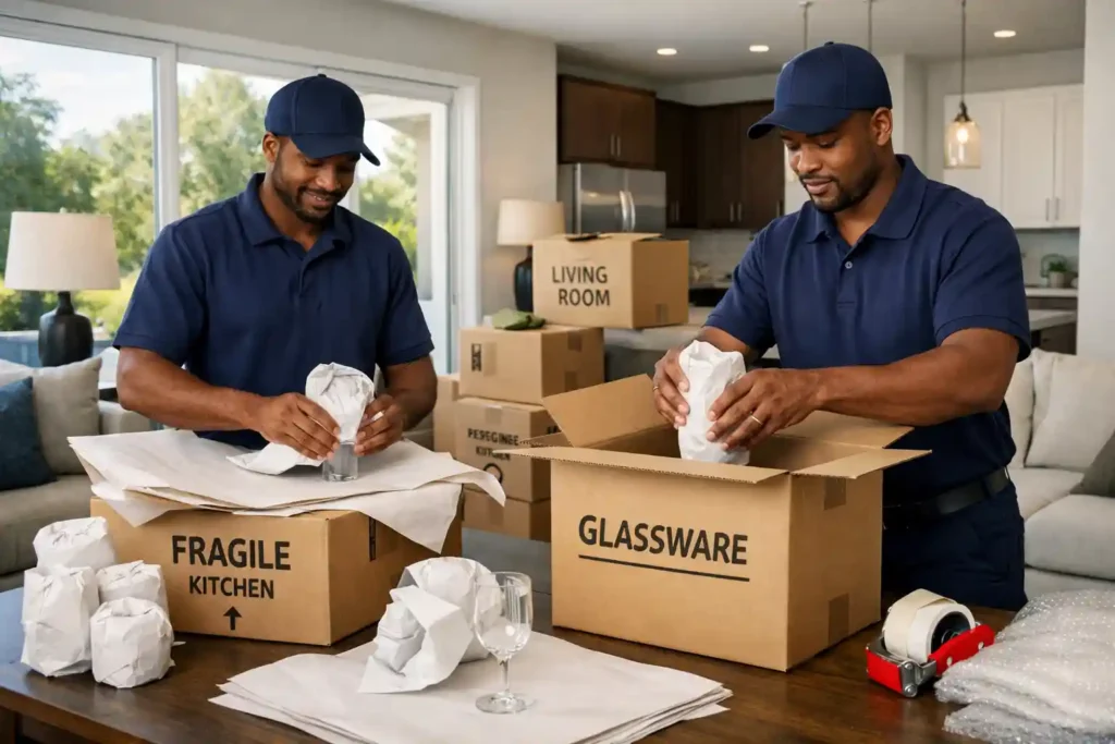 Professional movers packing household items into labeled boxes inside a home in Orlando, demonstrating average packing service costs in Orlando