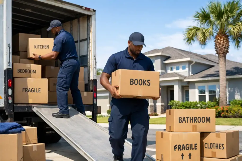 Professional movers unloading boxes in Orlando during summer heat with dark rain clouds approaching, illustrating common moving mistakes Orlando residents make when ignoring weather conditions