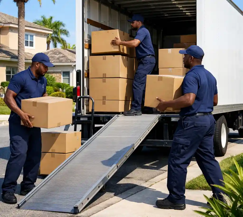 Local movers vs national chains in Orlando comparison showing professional moving crew loading truck in residential neighborhood.