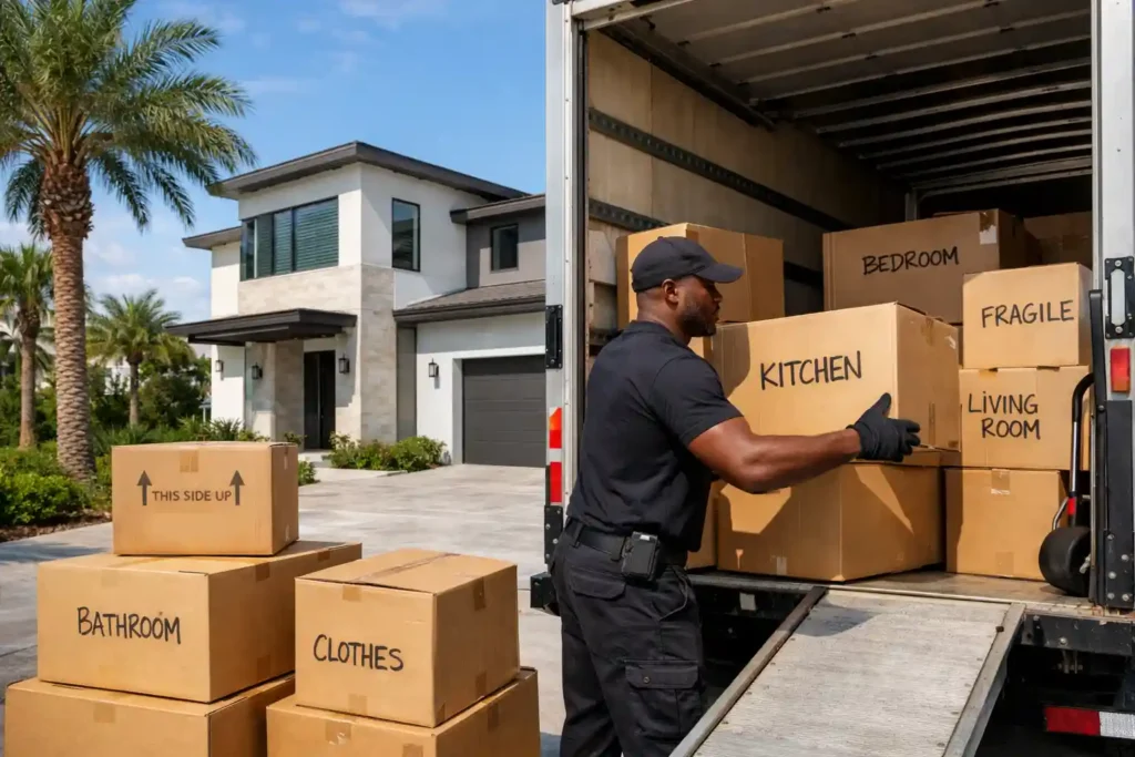 Professional mover loading labeled moving boxes into a moving truck in a modern Lake Nona Orlando neighborhood with palm trees and a contemporary home in the background