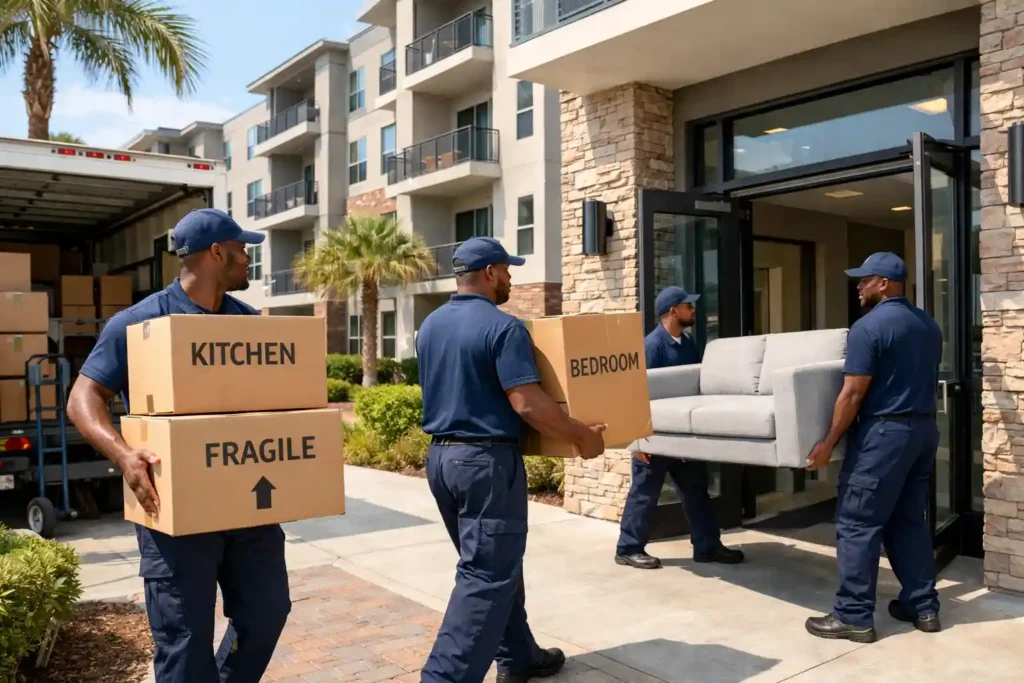 Professional movers carrying boxes during an apartment move in Orlando