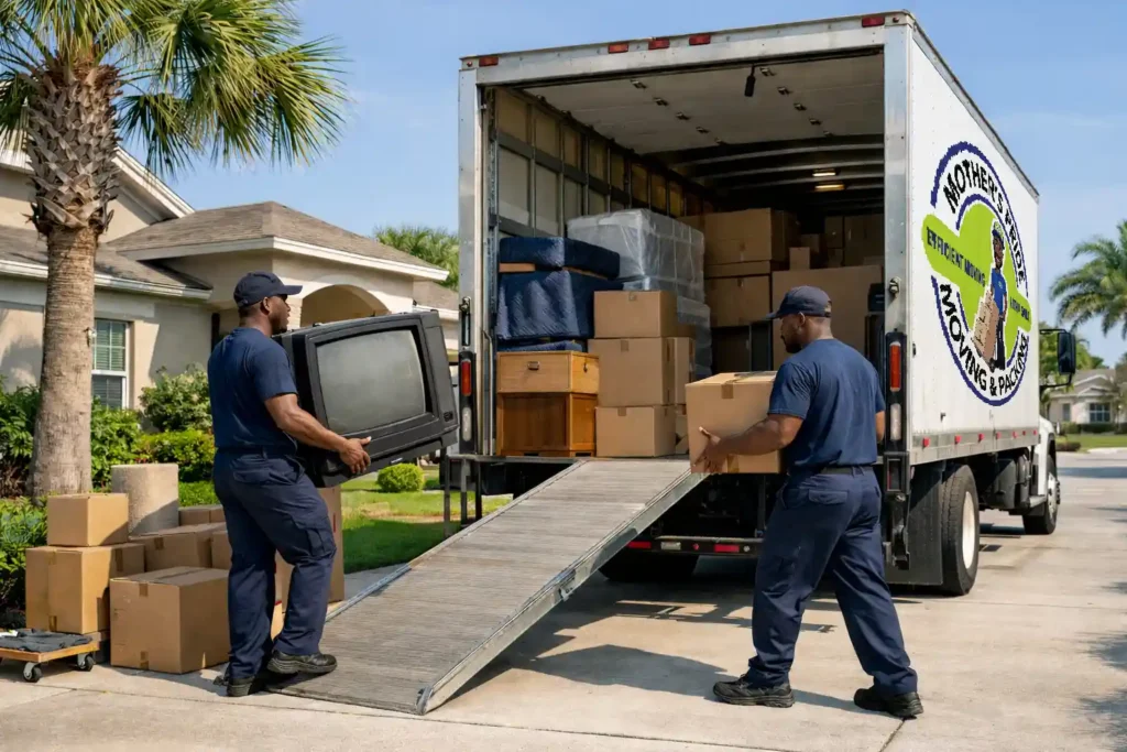 Professional movers loading boxes and old applianceinto a moving truck outside a suburban Orlando home on a sunny day