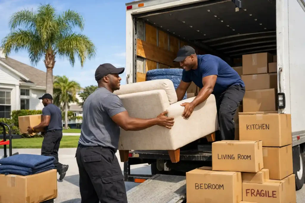 Professional movers loading furniture into a moving truck during a residential move in Orlando